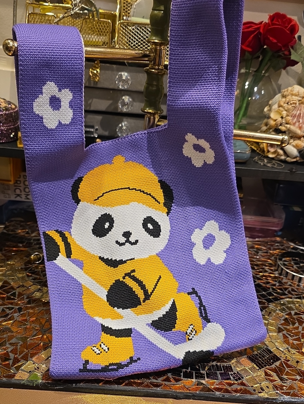 Kids Purple Panda Hockey Crossbody Bag with Yellow Accents